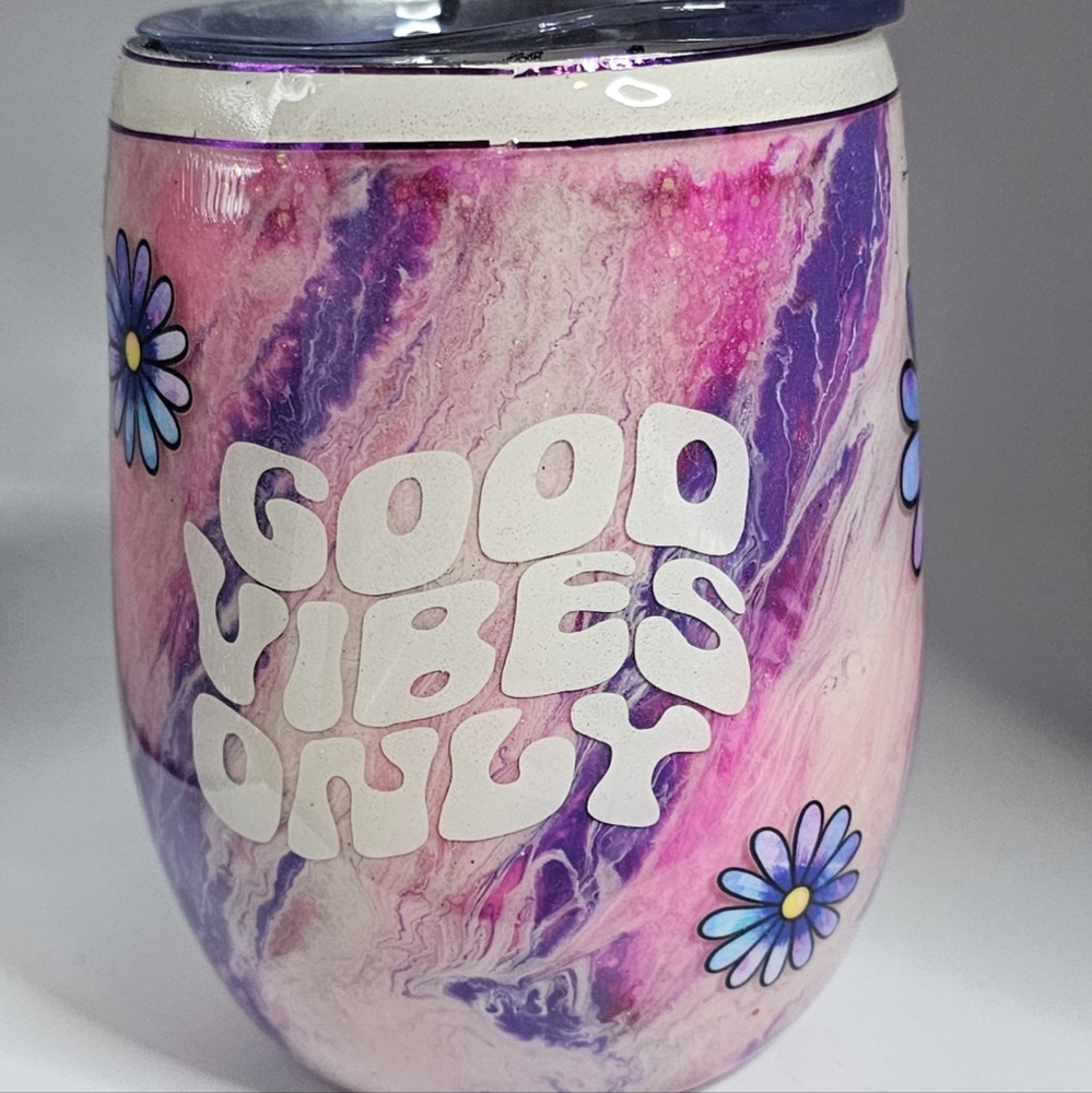 Handcrafted Stemless Wine Glass Tumbler Good Vibes Only Pink Purple 12 oz